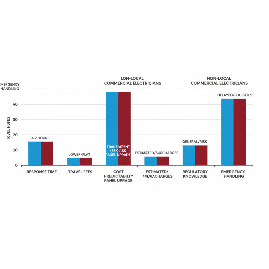 Bar chart illustrating benefits of local over non-local commercial electricians in response time, fees, and more