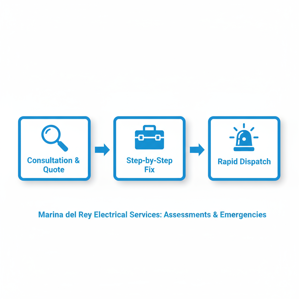 Horizontal process flow diagram of three stages in professional electrical services: consultation, repair, and emergency response