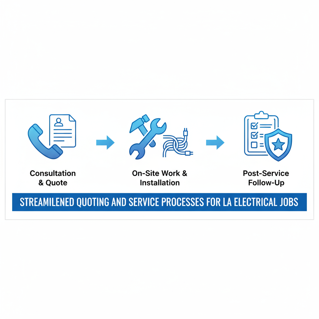 Horizontal process flow diagram illustrating the three key stages of electrical service in Los Angeles: consultation, on-site work, and follow-up.