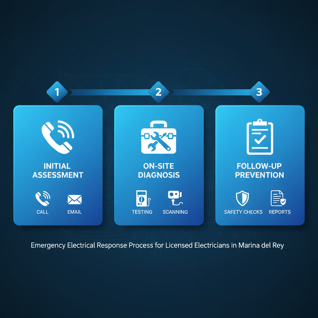 Horizontal process flow diagram of emergency electrical response stages: initial assessment, on-site diagnosis and repair, follow-up and prevention with icons