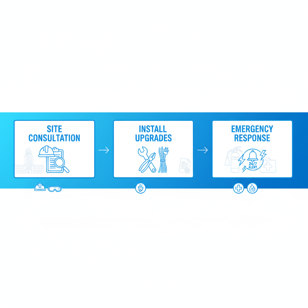 Horizontal process flow diagram illustrating key stages of commercial electrical services in Los Angeles