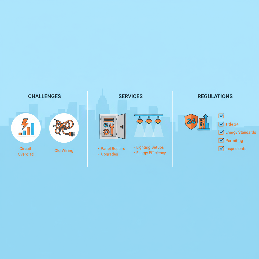 Infographic showing commercial electrical challenges, services, and regulations in Los Angeles