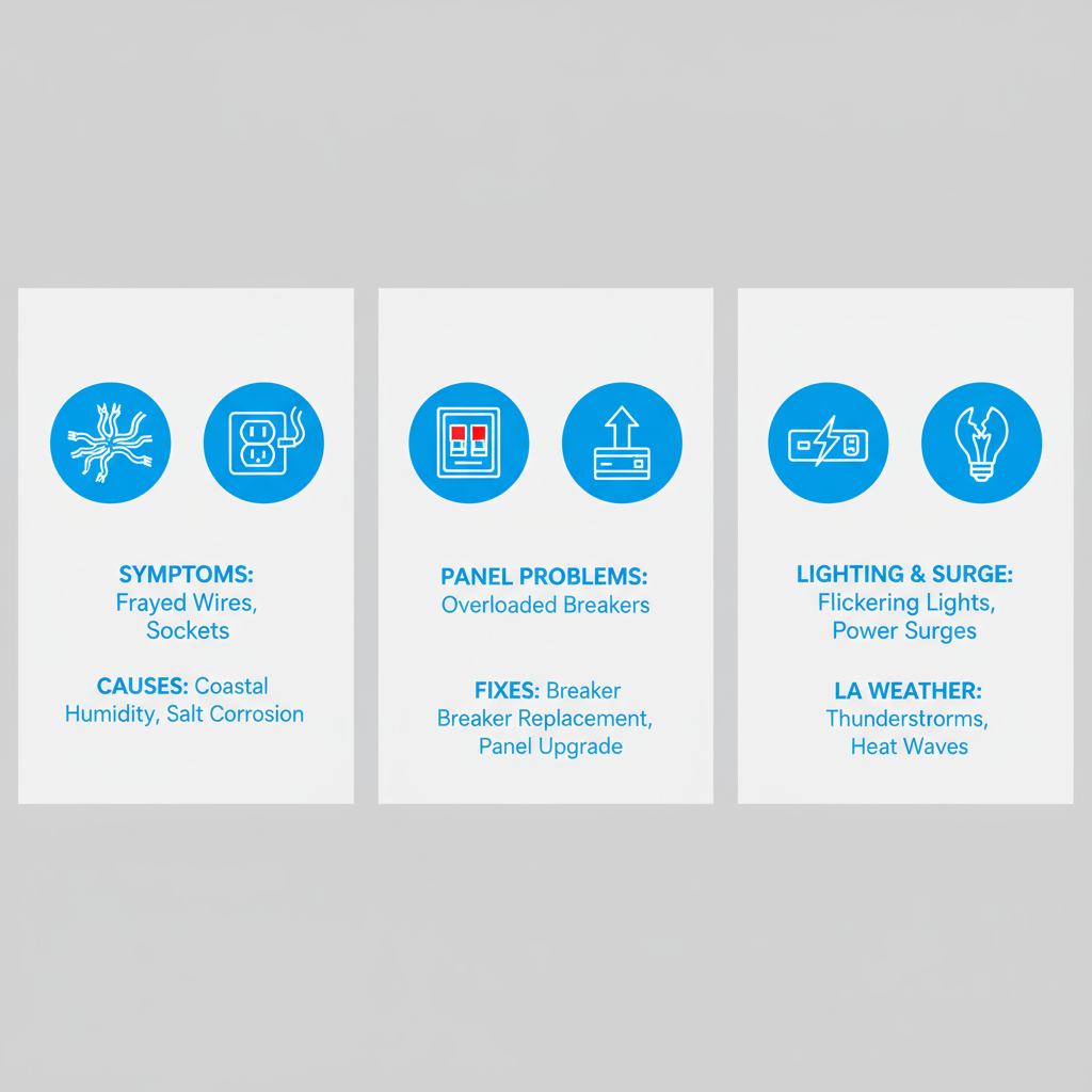 Infographic showing common electrical repairs in Los Angeles including wiring, outlets, panels, lighting, and surges with icons and brief descriptions