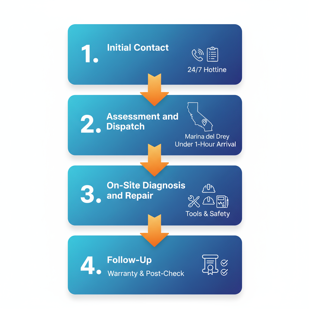 Vertical process flow diagram showing four stages of emergency electrical services: initial contact, assessment and dispatch, on-site diagnosis and repair, follow-up