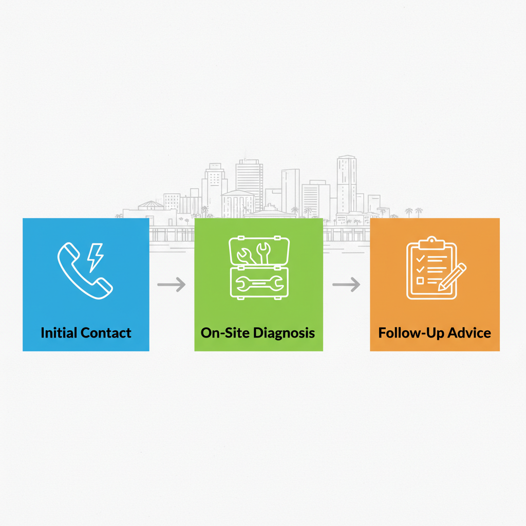 Horizontal process flow diagram showing three stages of emergency electrician response: initial contact, on-site diagnosis, and follow-up advice with icons.
