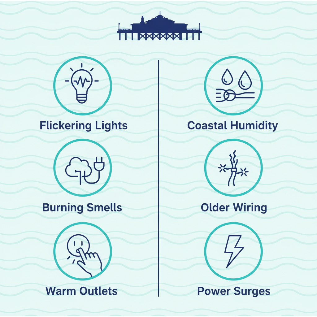 Infographic depicting signs of electrical emergencies and common causes in coastal homes