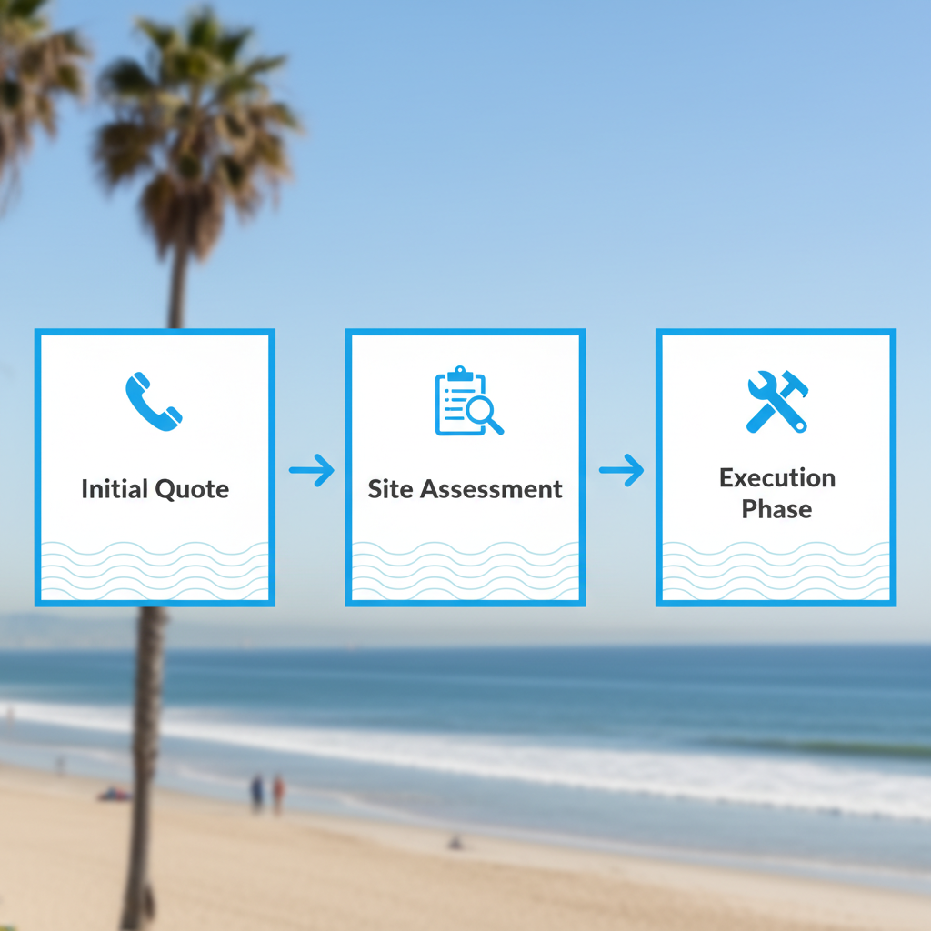 Horizontal process flow diagram illustrating the three main stages of commercial electrical services in Manhattan Beach: initial quote, site assessment, and execution.