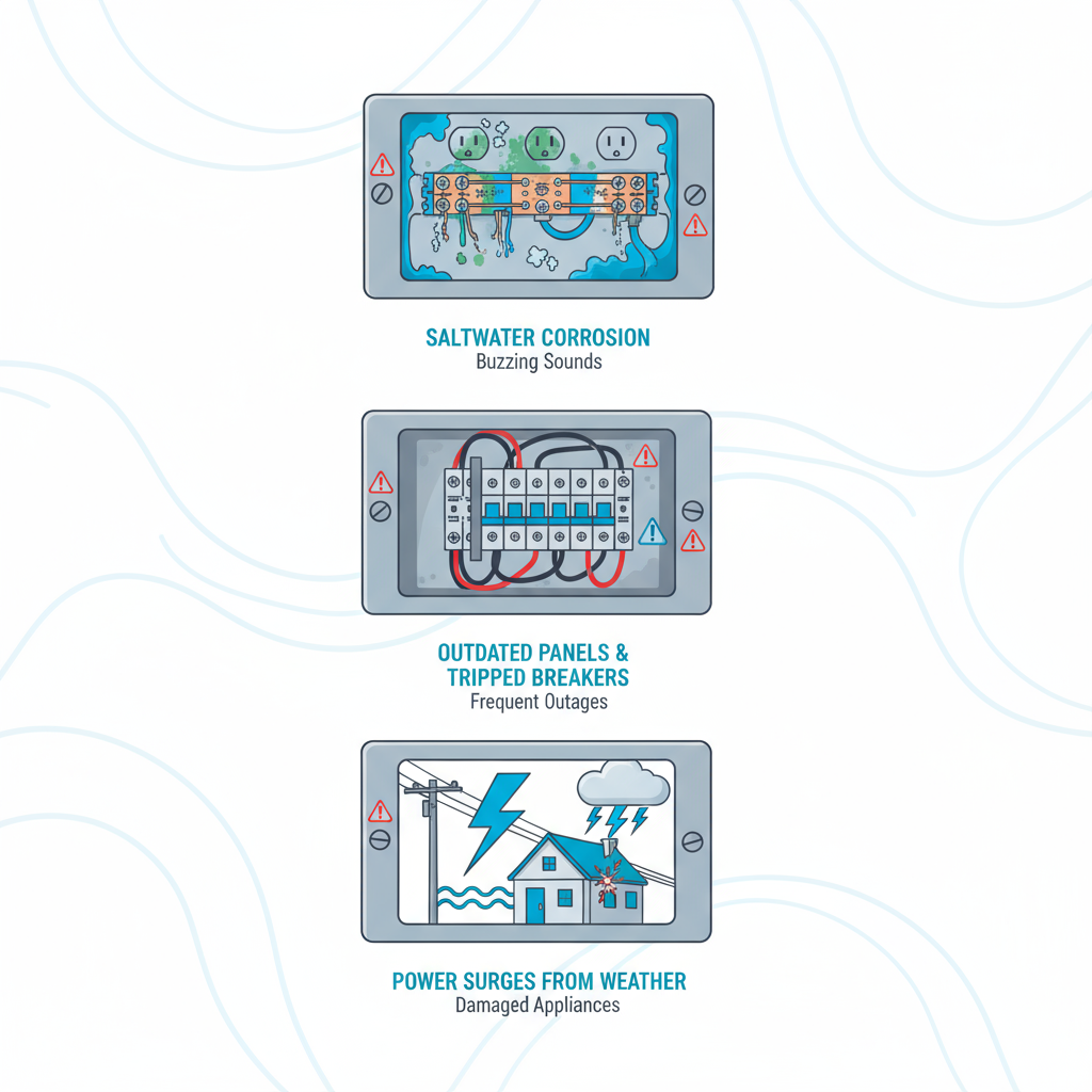 Infographic depicting common electrical problems in Manhattan Beach coastal residences including corrosion, outdated panels, and surges
