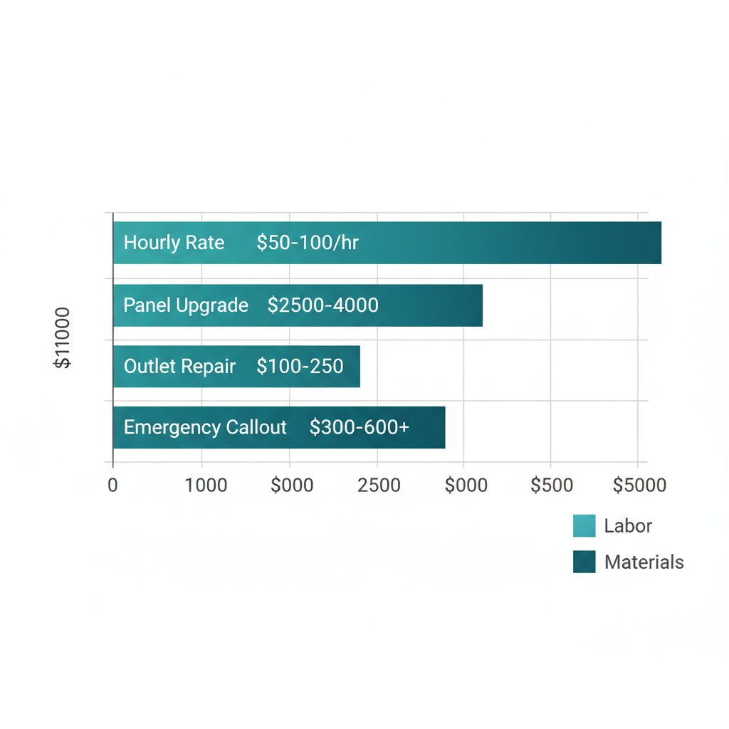 Horizontal bar chart illustrating average costs for various electrical services in Manhattan Beach, including hourly rates, panel upgrades, outlet repairs, and emergency callouts
