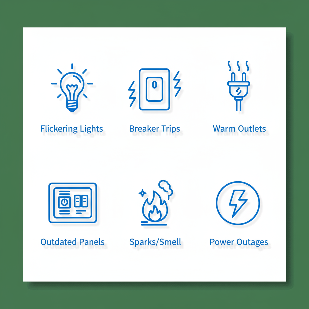 Grid of icons depicting common electrical problems including flickering lights, breaker trips, warm outlets, outdated panels, sparks, and power outages