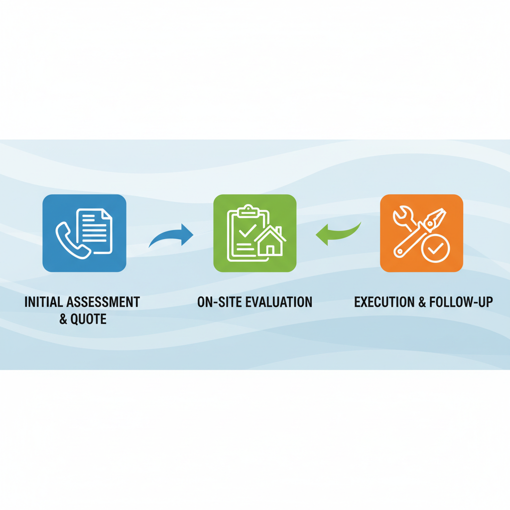 Horizontal process flow diagram depicting three stages of hiring an electrician in Manhattan Beach: initial assessment, on-site evaluation, and execution with follow-up.
