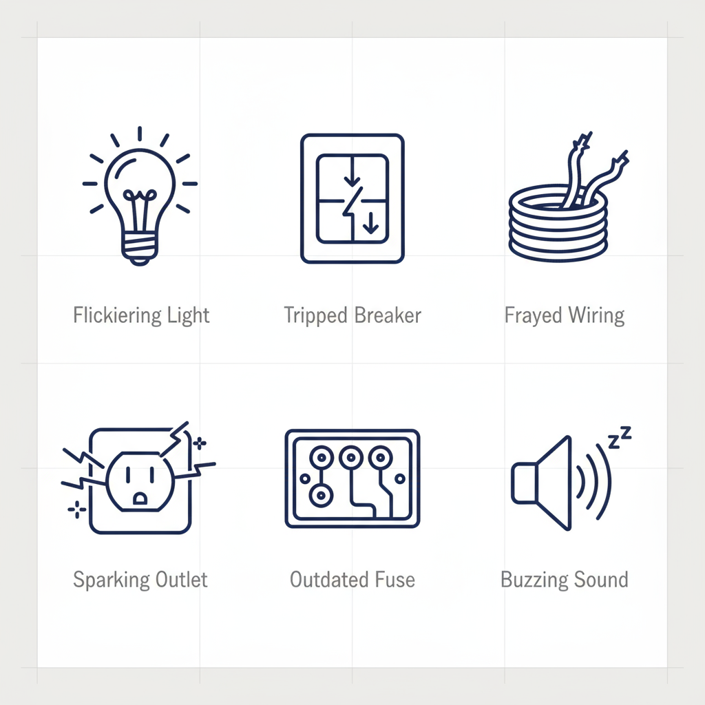 Grid of icons depicting common electrical problems: flickering lights, tripped breaker, frayed wiring, sparking outlet, outdated fuse panel, and buzzing sounds for Manhattan Beach homeowners