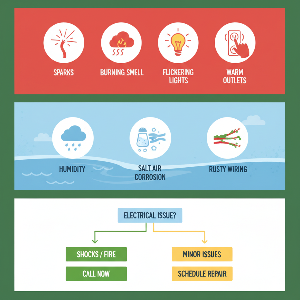 Infographic illustrating signs, causes, and decision-making for electrical emergencies in coastal areas