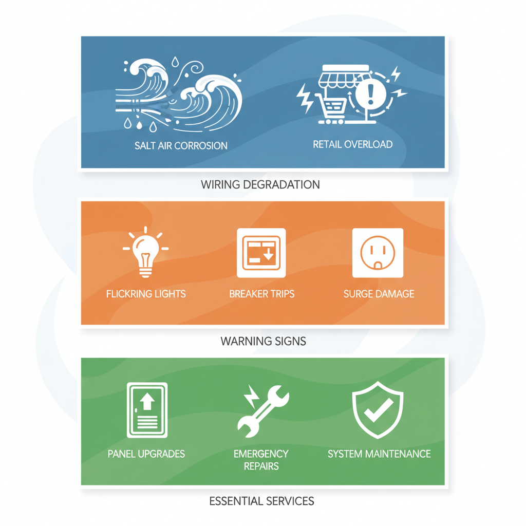 Three-panel infographic illustrating commercial electrical challenges, warning signs, and services in Marina del Rey