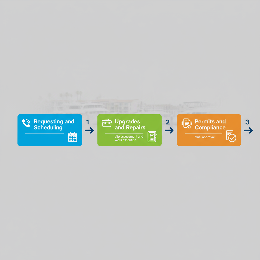 Horizontal process flow diagram illustrating the three stages of commercial electrical services: requesting and scheduling, upgrades and repairs, and permits and compliance with relevant icons.
