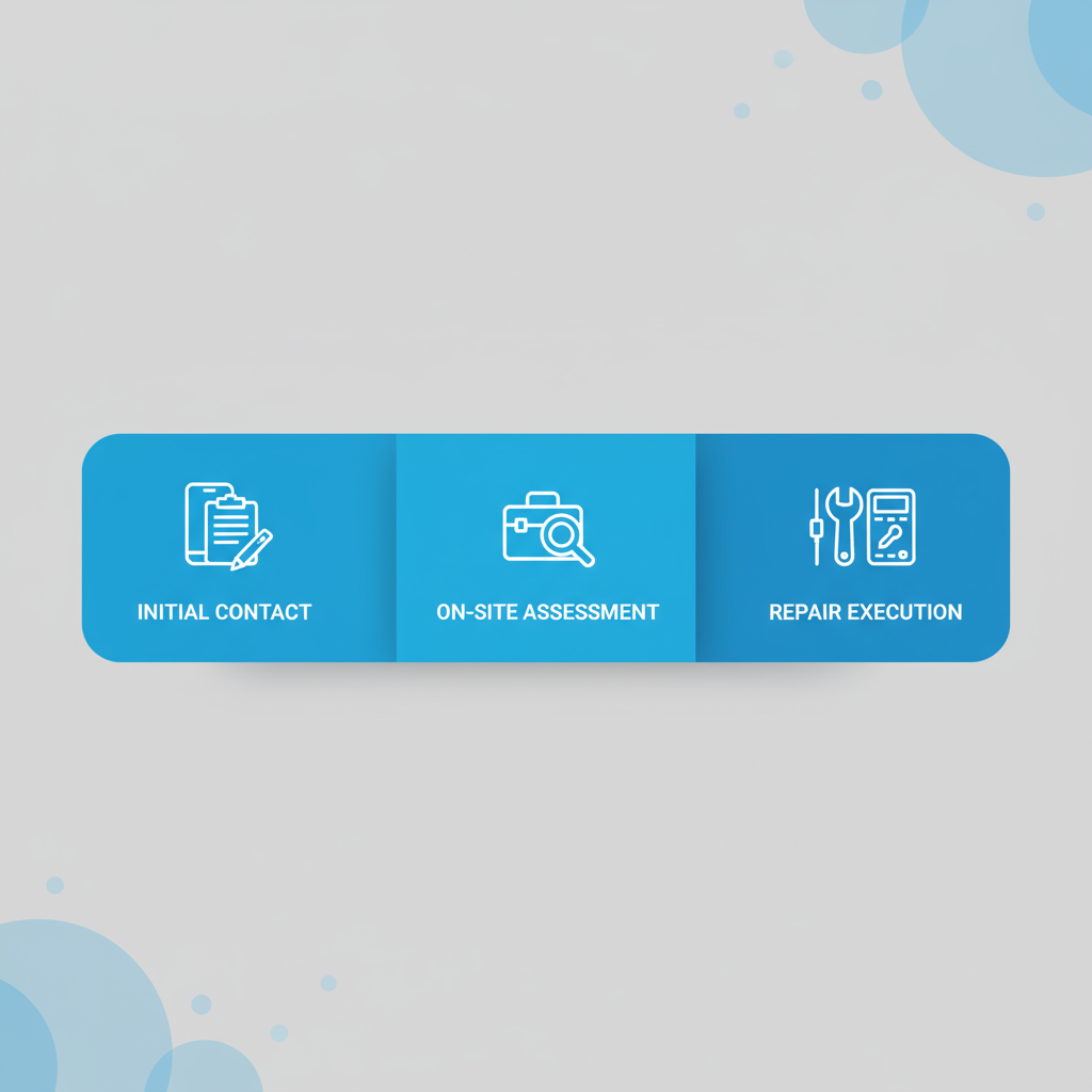Horizontal diagram showing three stages of electrical repair: initial contact, on-site assessment, and repair execution with relevant icons.