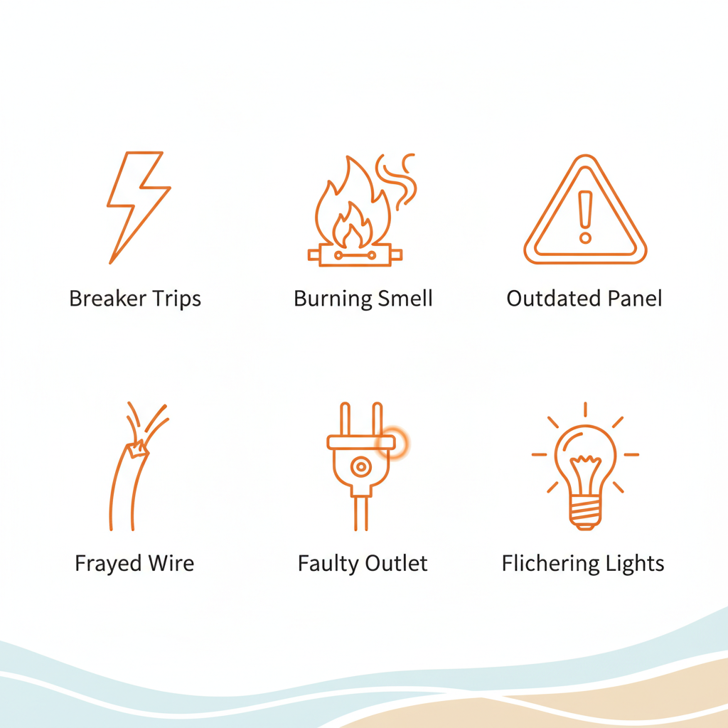 Icons illustrating common electrical issues including breaker trips, burning smells, and flickering lights for homeowners in Marina del Rey