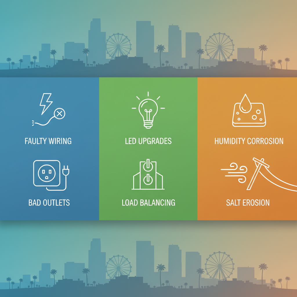 Infographic showing residential, commercial, and environmental electrical issues in Santa Monica using icons and color-coded sections