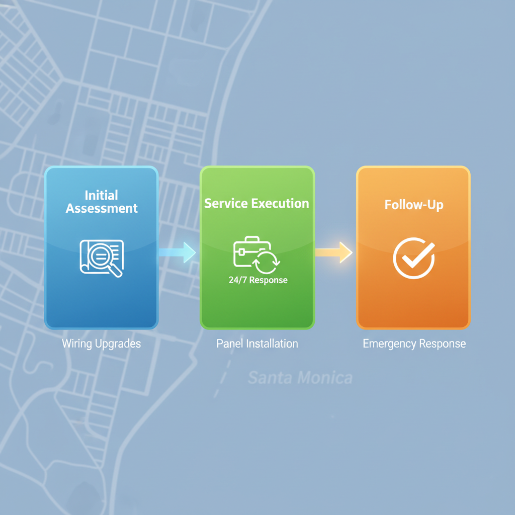 Horizontal process flow diagram illustrating the three main steps of electrical services in Santa Monica: initial assessment, service execution, and follow-up.