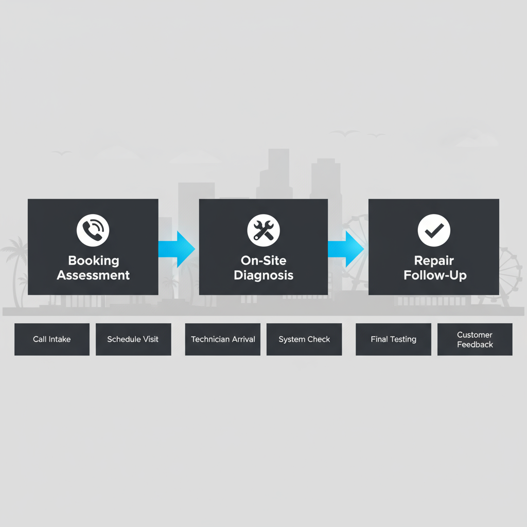 Horizontal process flow diagram illustrating the three main stages of emergency electrical services in Santa Monica: booking and assessment, on-site response and diagnosis, repair execution and follow-up.