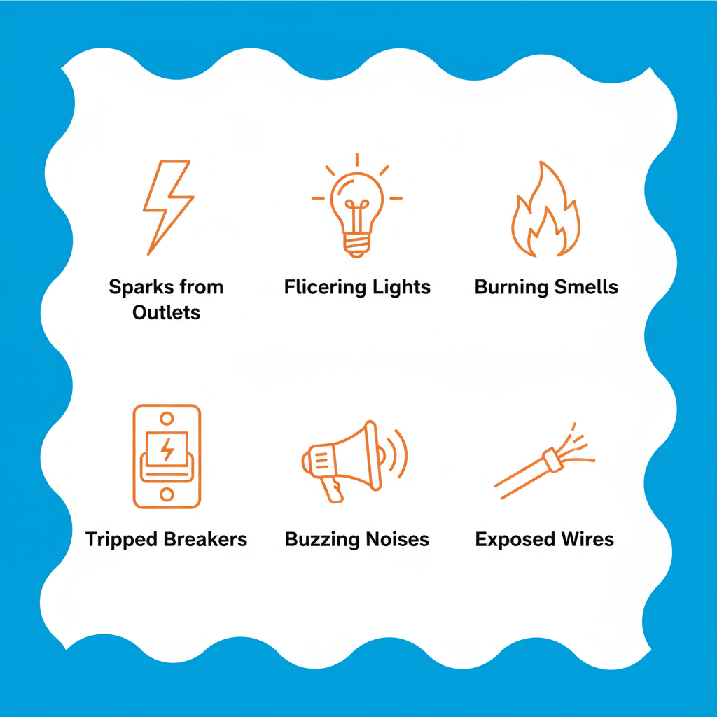 Grid of icons showing common electrical emergency signs including sparks, flickering lights, burning smells, tripped breakers, buzzing noises, and exposed wires