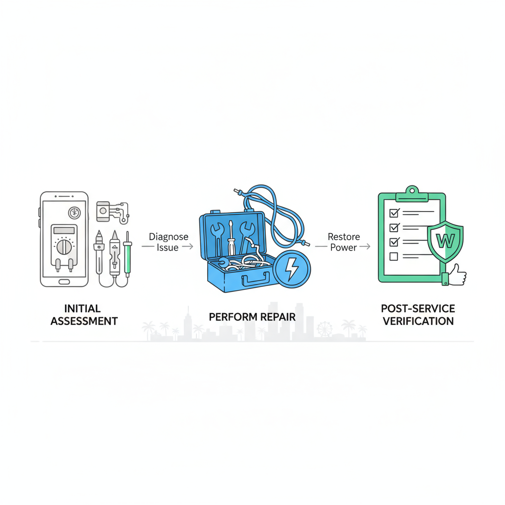 Horizontal process flow illustrating the three stages of electrical repair services in Santa Monica: assessment, repair, and verification
