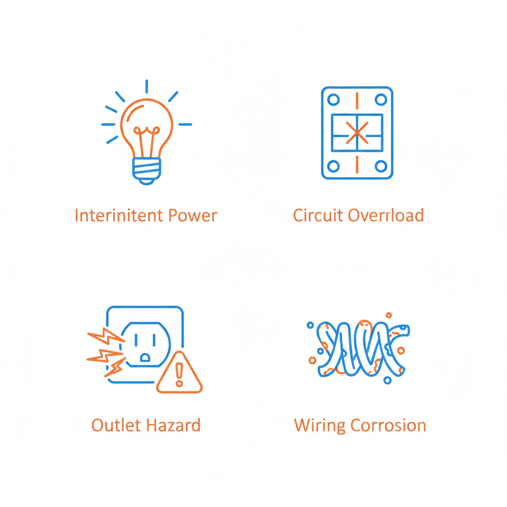 Grid of icons showing flickering bulb, tripped breaker, sparking outlet, and corroded wiring for electrical issues