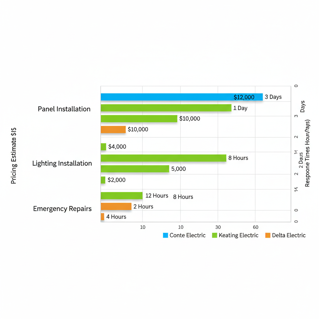 Horizontal bar chart comparing pricing and response times for commercial electrical services including panel installation, lighting installation, and emergency repairs from top Westchester providers