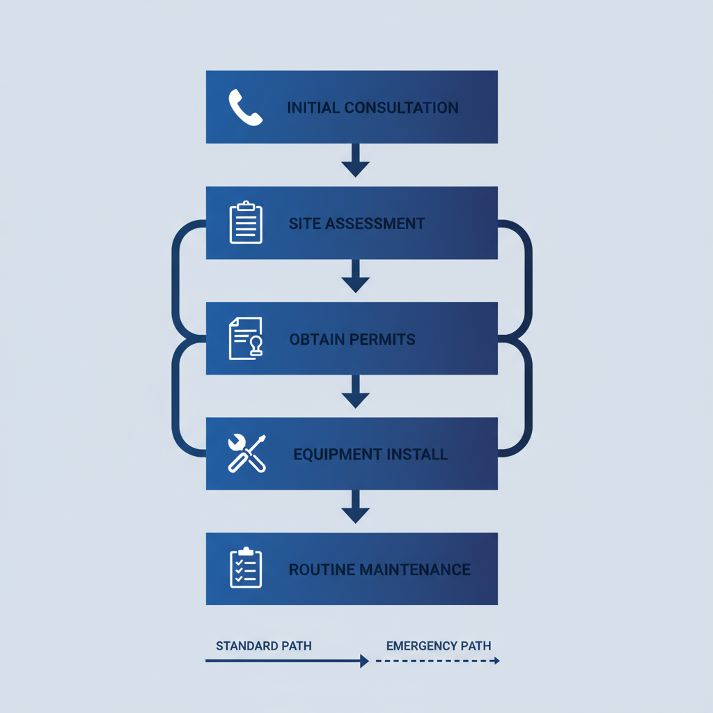 Vertical process flow diagram illustrating the five phases of commercial electrical work in Westchester