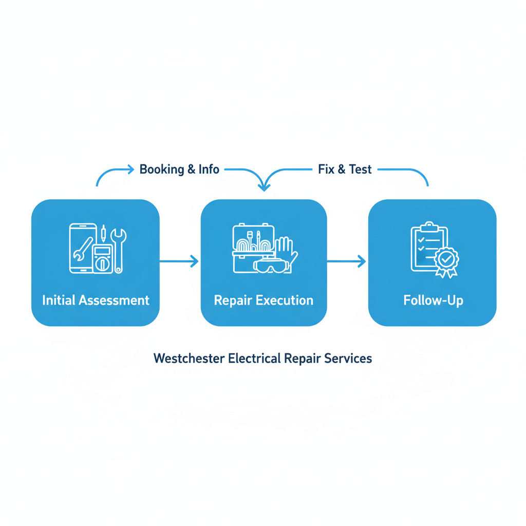Horizontal process flow diagram illustrating three key stages of electrical repair services: initial assessment, repair execution, and follow-up.