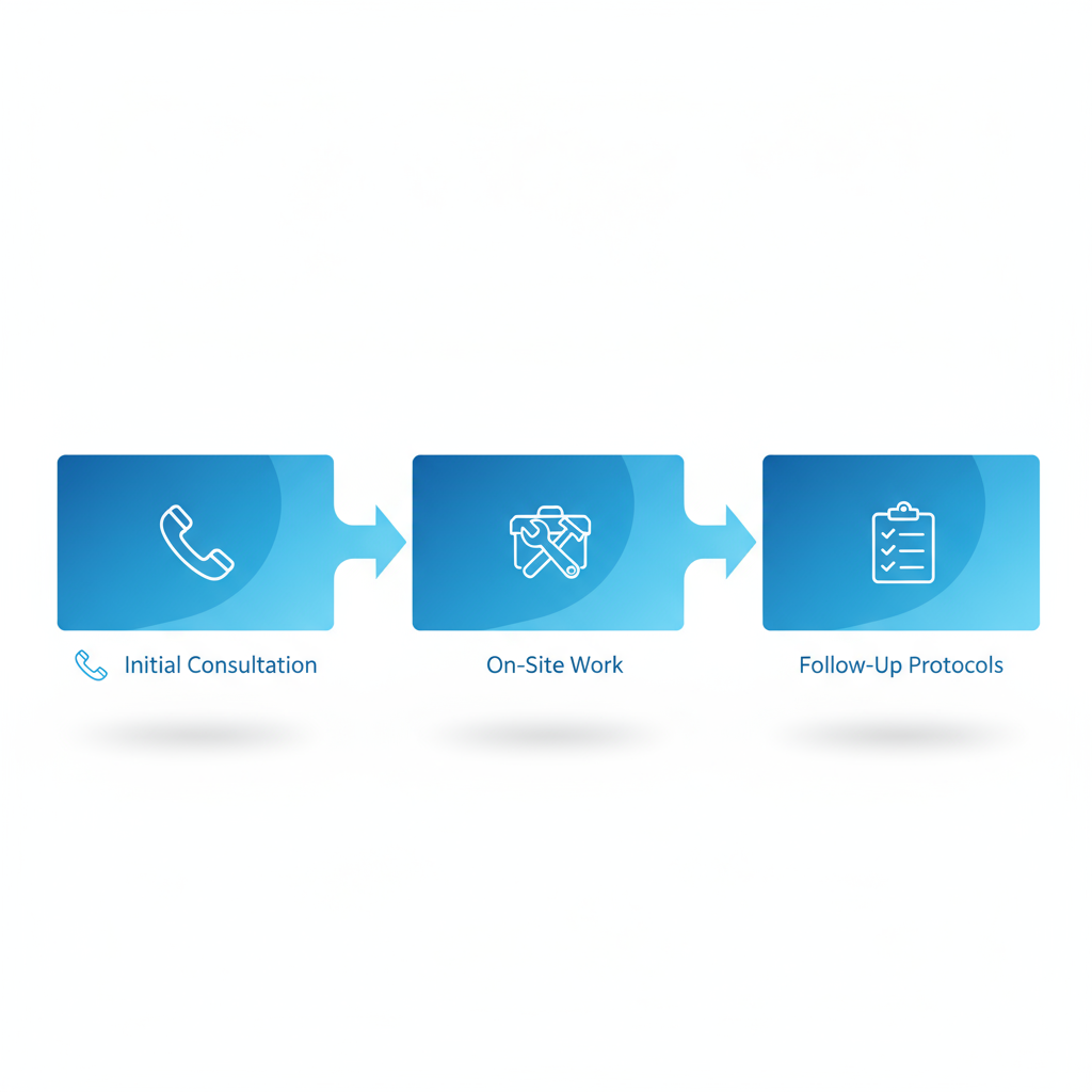 Horizontal process flow diagram showing three stages of electrical services: consultation, on-site work, and follow-up with icons and minimal labels
