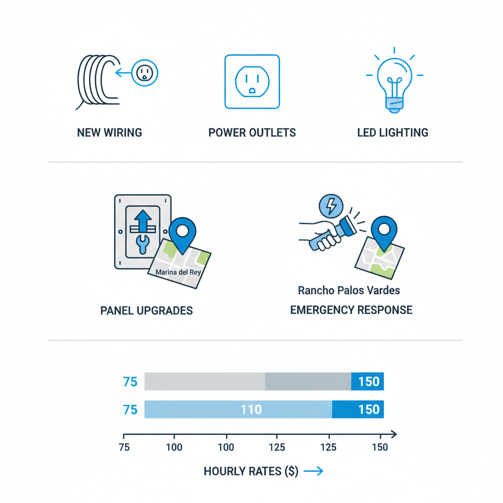 Infographic illustrating core electrical services, local specialized offerings, and pricing ranges for Marina del Rey area