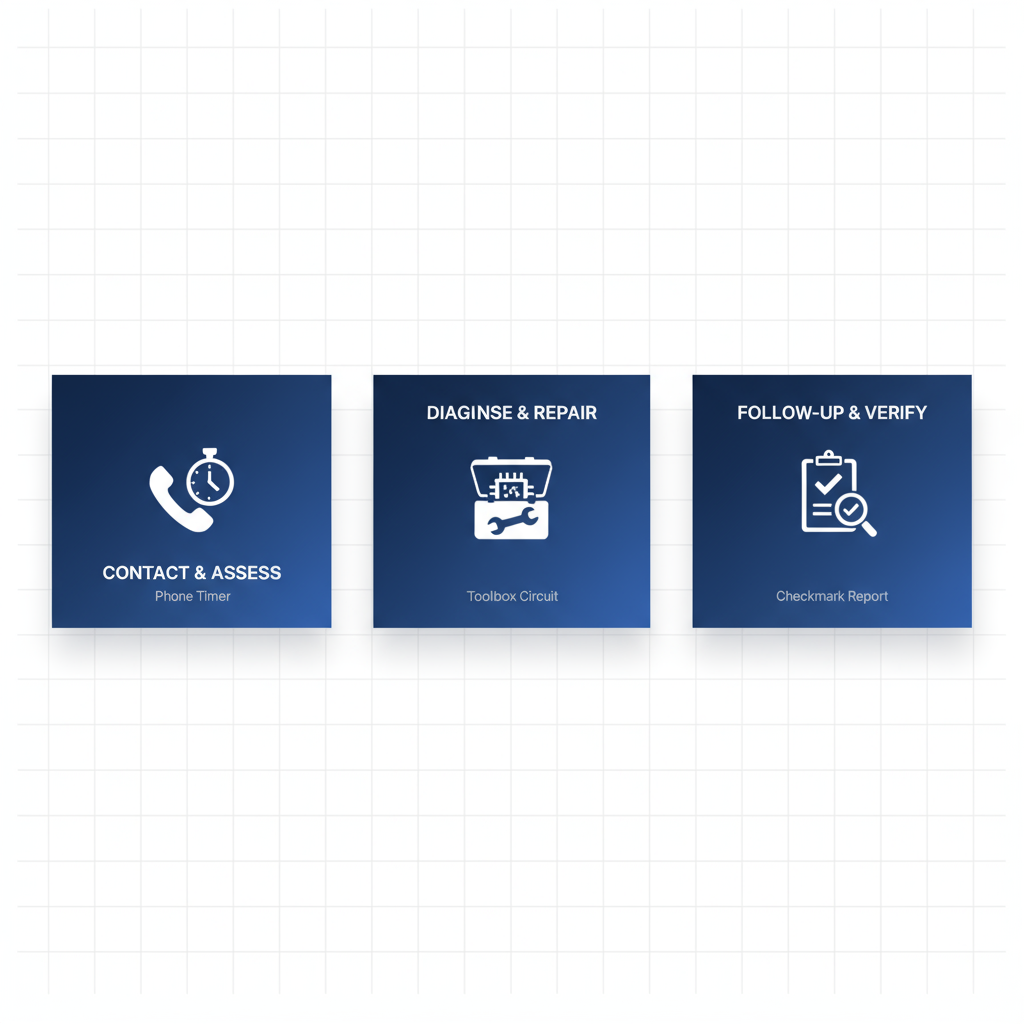 Horizontal process flow diagram of emergency electrician services with three stages: contact and assessment, on-site diagnosis and repair, follow-up and verification