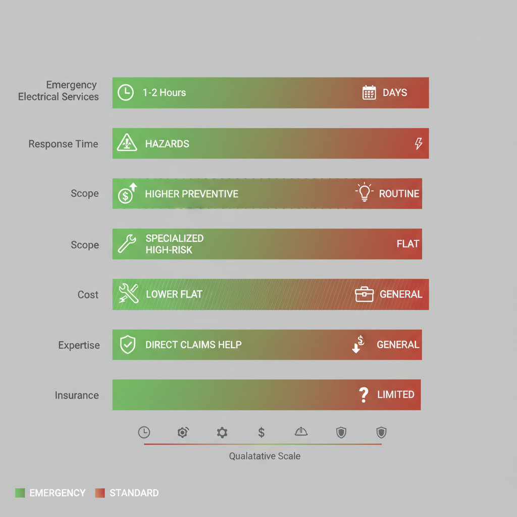 Horizontal bar chart comparing emergency and standard electrical services across response time, scope, cost, expertise, and insurance