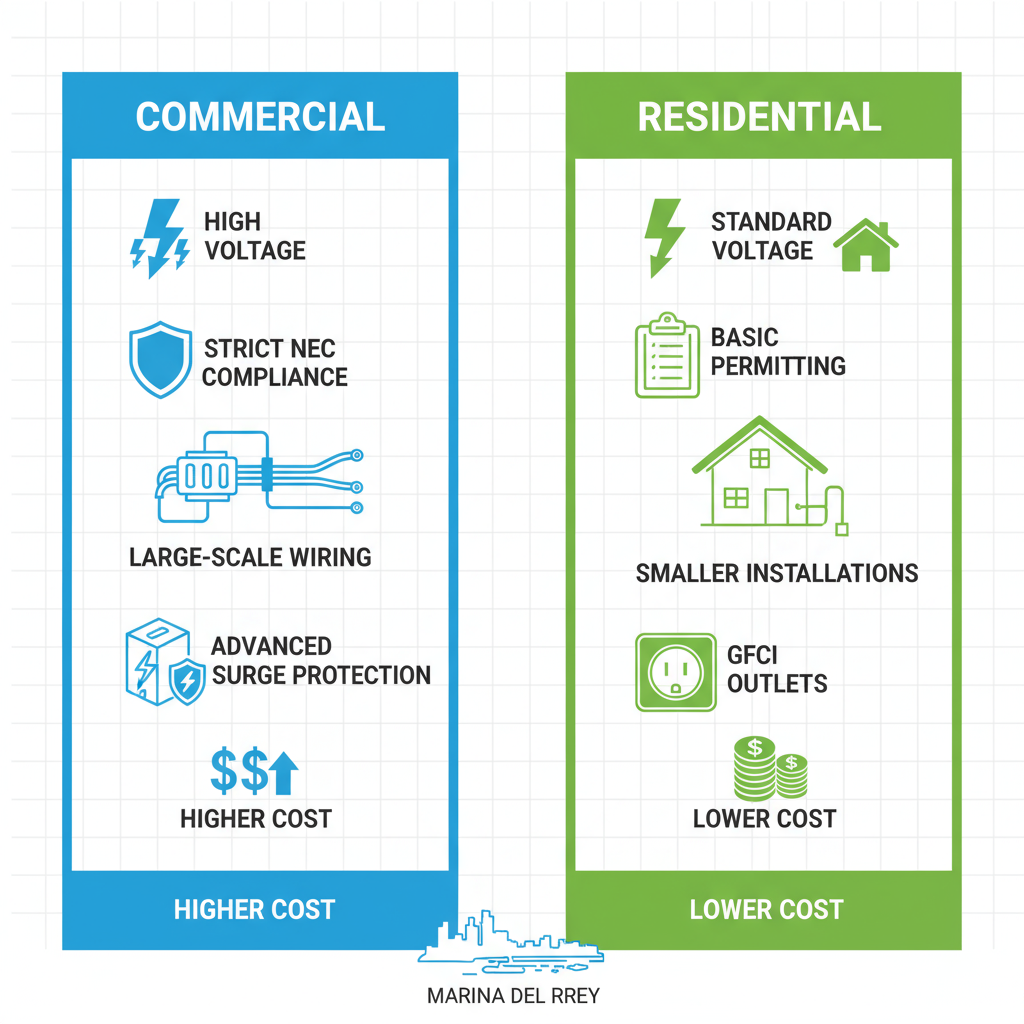 Side-by-side infographic comparing key differences in commercial and residential electrical work basics