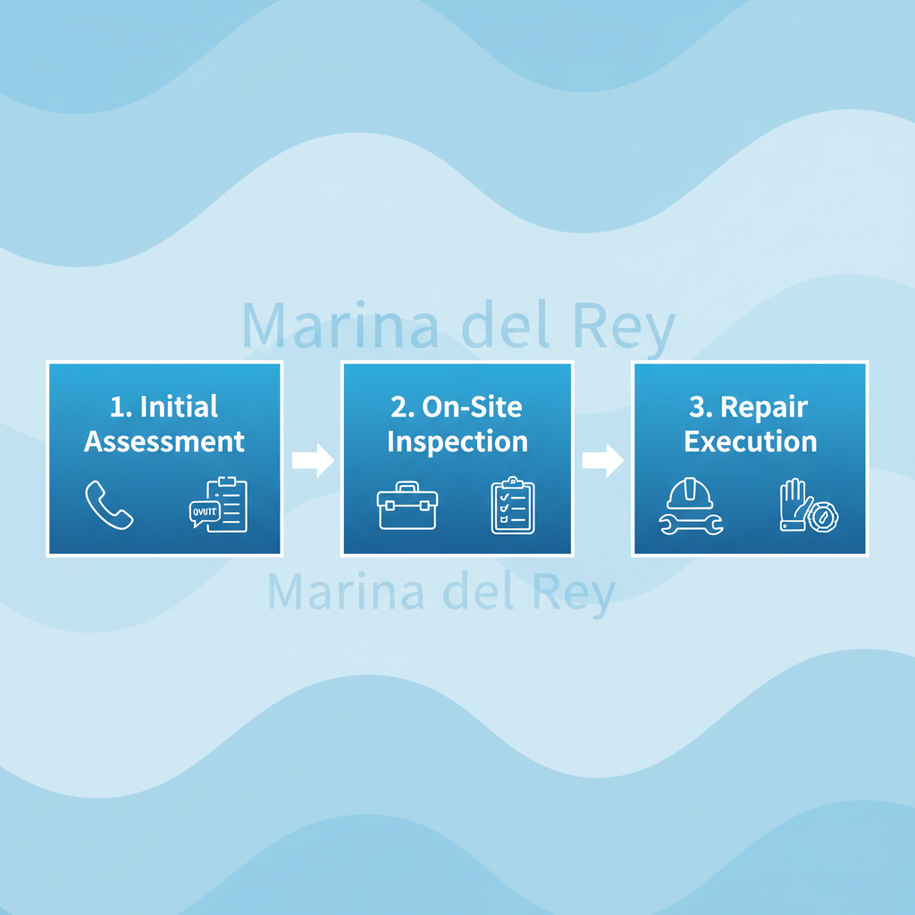 Horizontal process flow diagram illustrating the three stages of hiring an electrician: initial assessment, on-site inspection, and repair execution