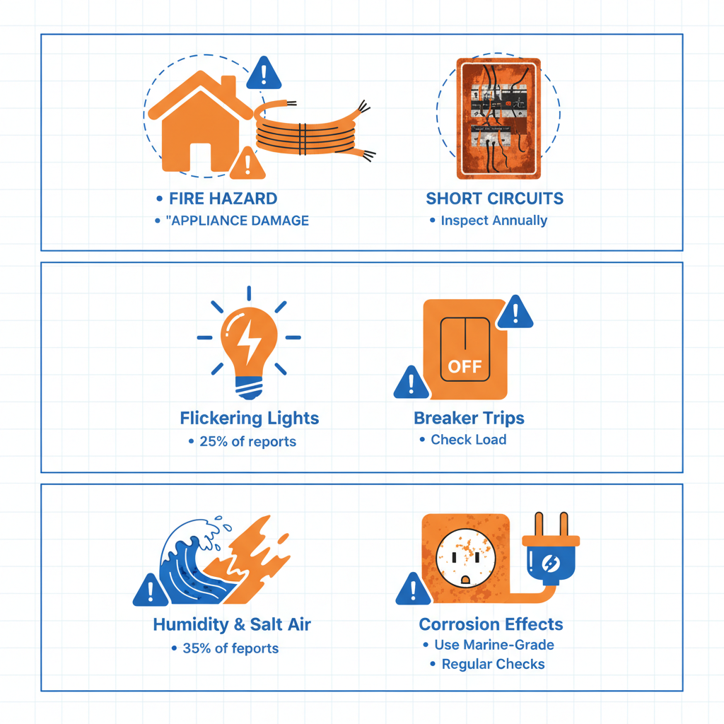 Infographic illustrating common electrical issues in Marina del Rey homes with panels on wiring, signs, and coastal challenges