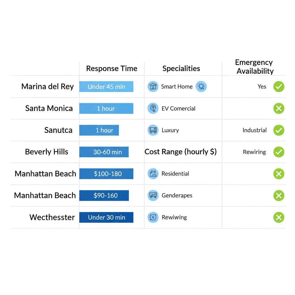 Horizontal bar chart comparing response time, specialties, cost range, and emergency availability of electrical services in Marina del Rey, Santa Monica, Beverly Hills, Manhattan Beach, and Westchester areas