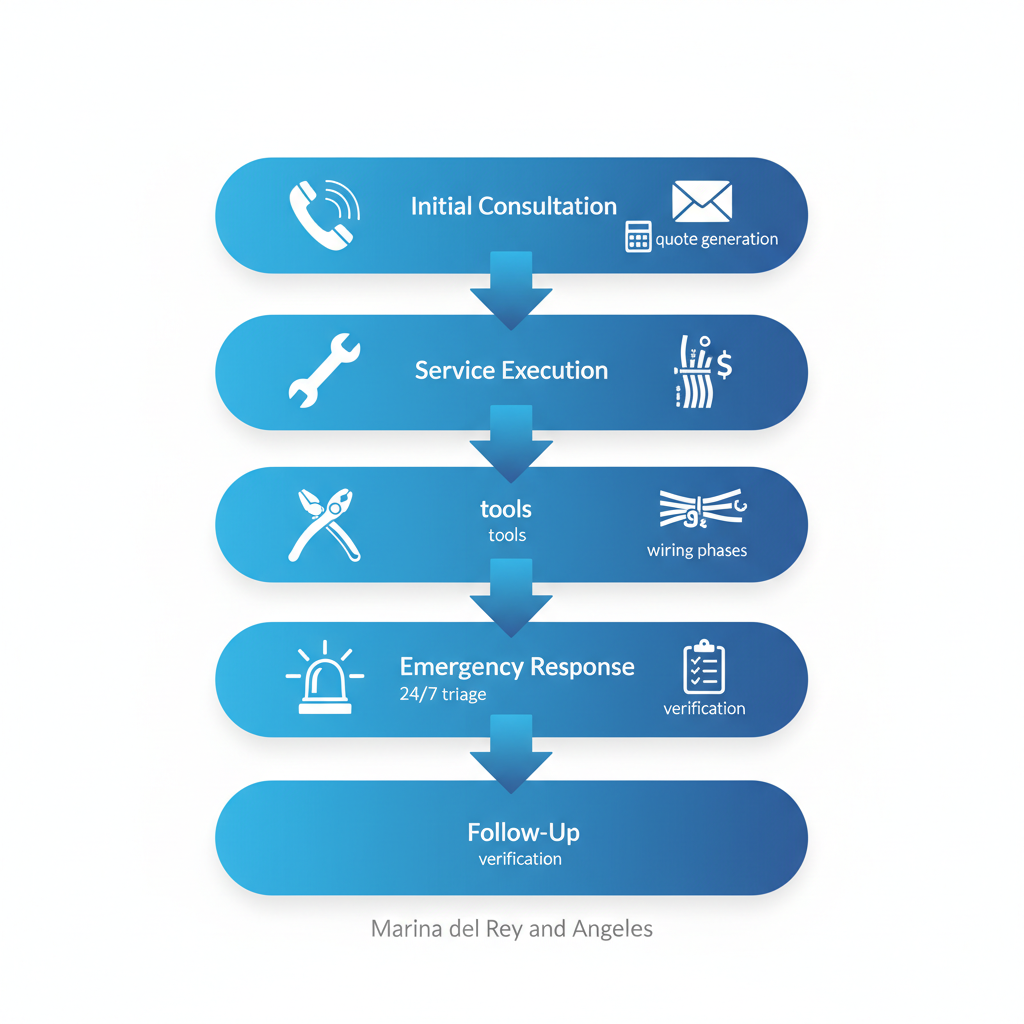 Vertical flow diagram illustrating the four stages of local electrical services: consultation, execution, emergency response, and follow-up