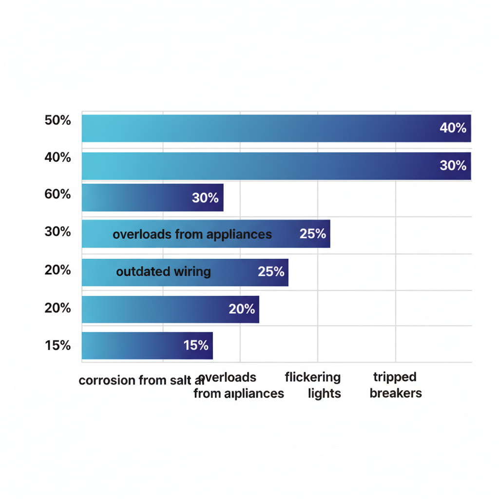 Horizontal bar chart showing common electrical issues in Santa Monica coastal homes with percentages