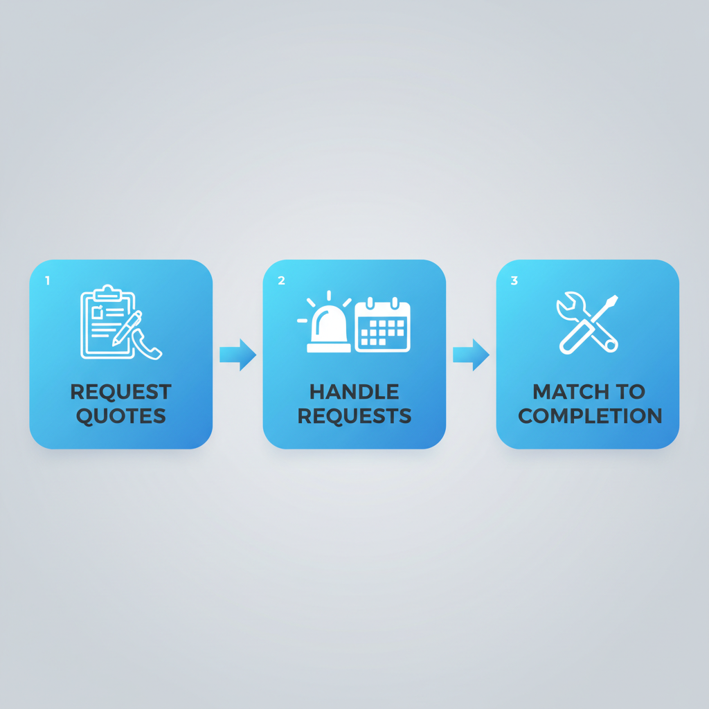 Horizontal process flow diagram illustrating the three stages of electrician service connection in Santa Monica: requesting quotes, handling requests, and matching to completion with relevant icons.