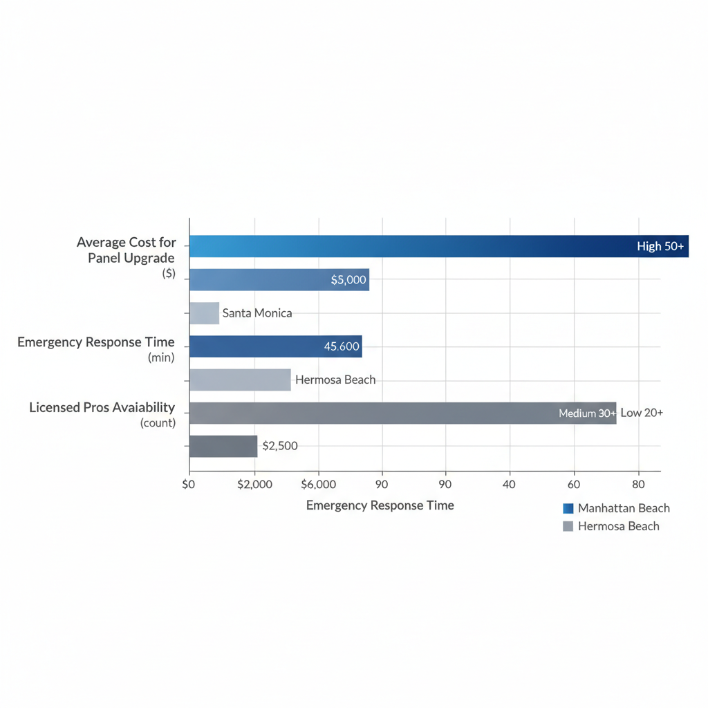 Horizontal bar chart comparing electrical services costs, response times, and professional availability in Manhattan Beach versus Santa Monica and Hermosa Beach
