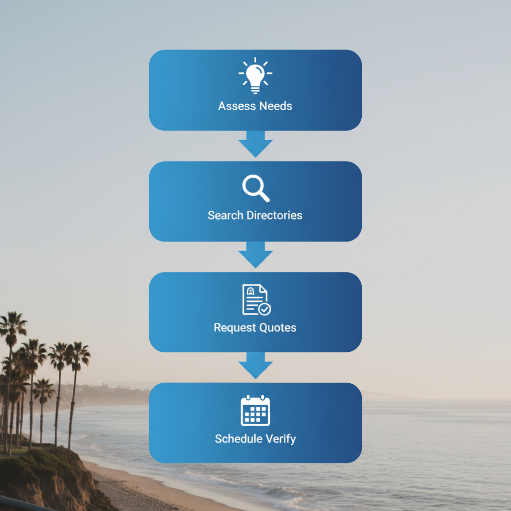 Vertical process flow diagram illustrating five steps to hire a Manhattan Beach electrician with icons and minimal labels