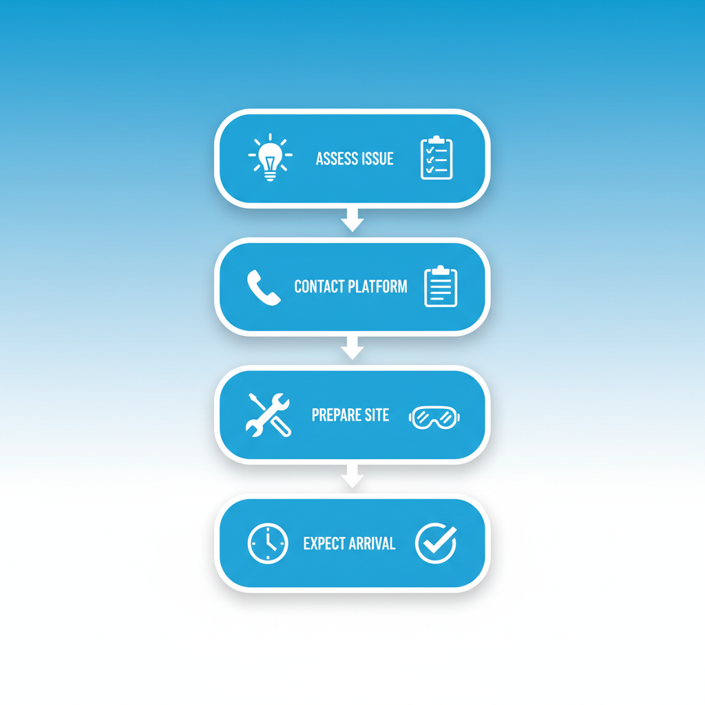 Vertical process flow diagram illustrating four steps to secure emergency electrical help in Westchester: assess issue, contact platform, prepare site information, and expect arrival.
