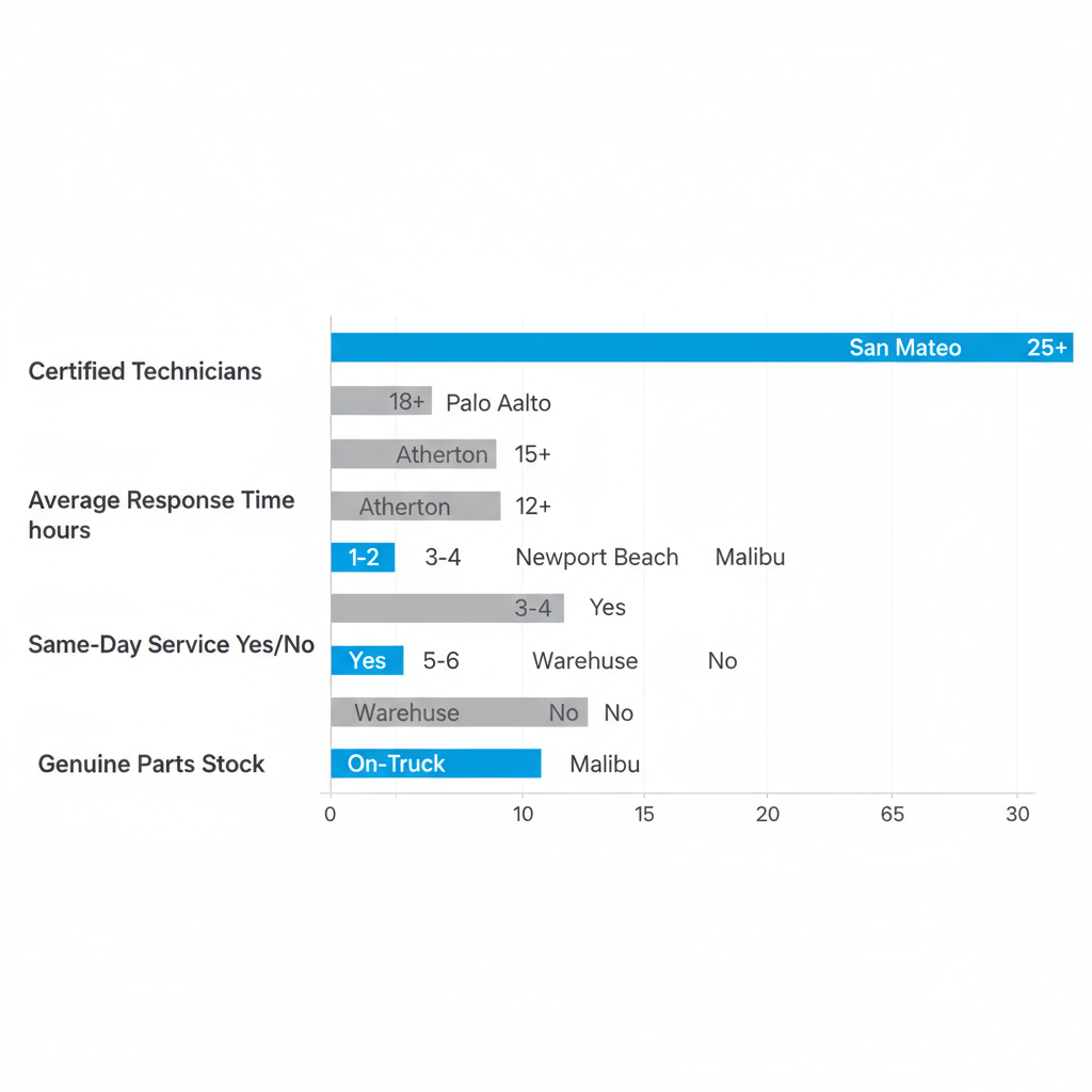 Horizontal bar chart comparing Thermador repair services across Bay Area cities with San Mateo advantages highlighted