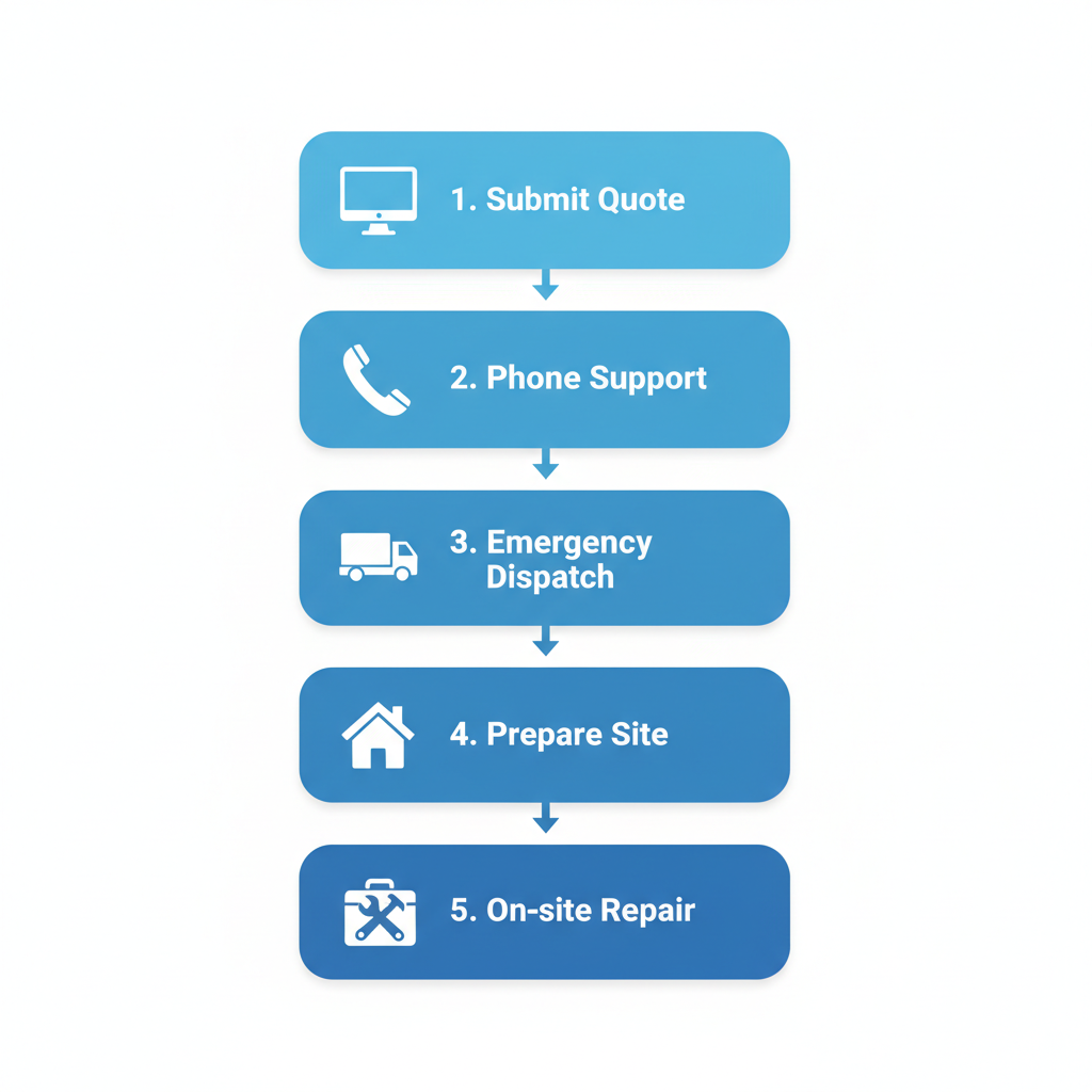 Vertical flowchart illustrating the five-step process for scheduling Thermador appliance repairs in San Mateo