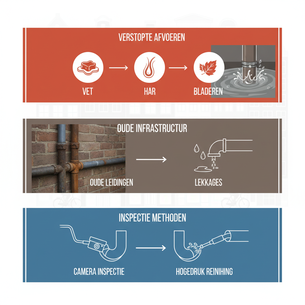 Infographic met drie secties over veelvoorkomende loodgietersproblemen in Amsterdam-West: verstopte afvoeren, verouderde infrastructuur en inspectiemethoden.