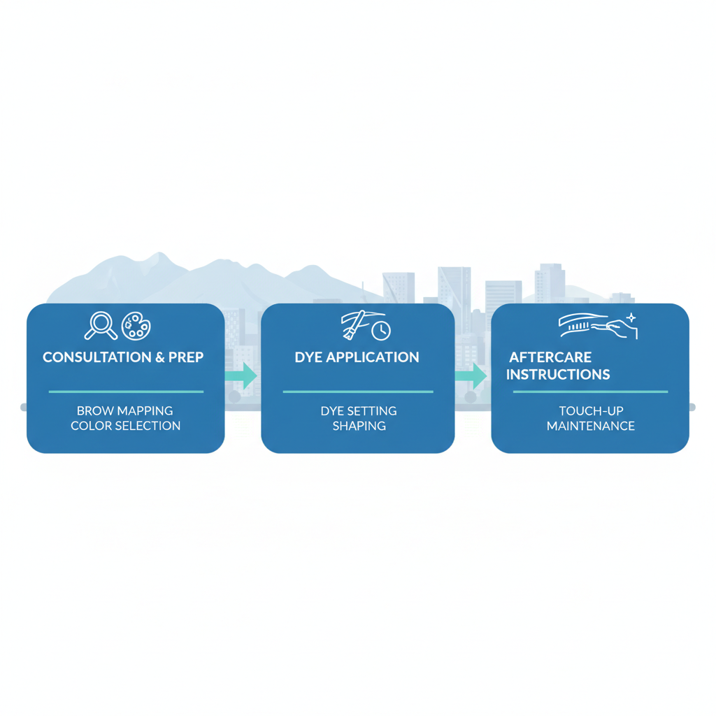 Horizontal process flow diagram illustrating the three stages of professional brow tinting: consultation, application, and aftercare with icons and arrows.