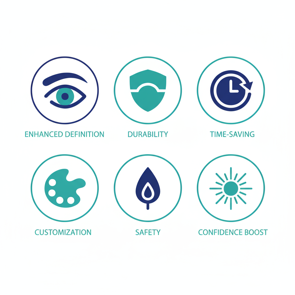 Modern icon grid illustrating benefits of professional brow tinting including definition, durability, time-saving, customization, safety, and confidence.