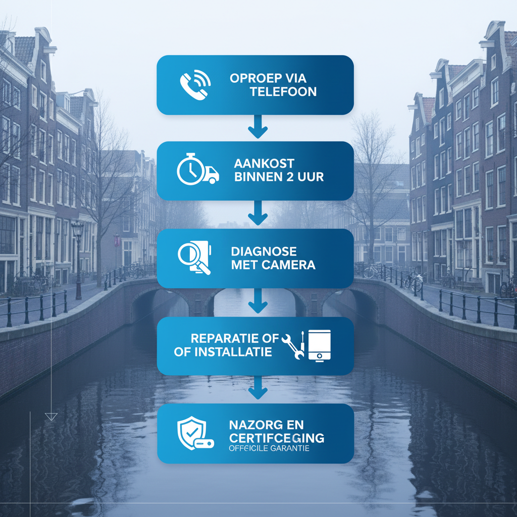 Verticaal processtroomdiagram met vijf fasen van CV ketel onderhoud en reparatie